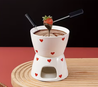 Heart Print Ceramic Fondue Set