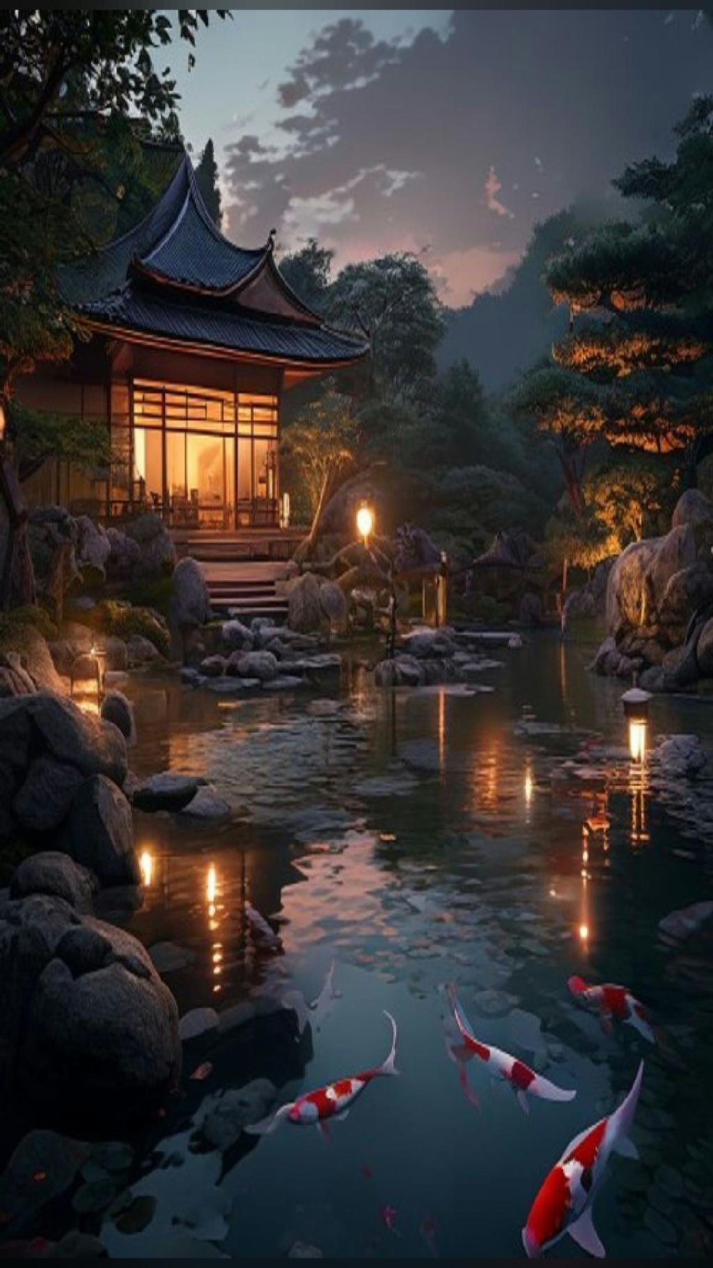 prompt of the day A Serene Japanese Garden At Dusk With A Temple And…