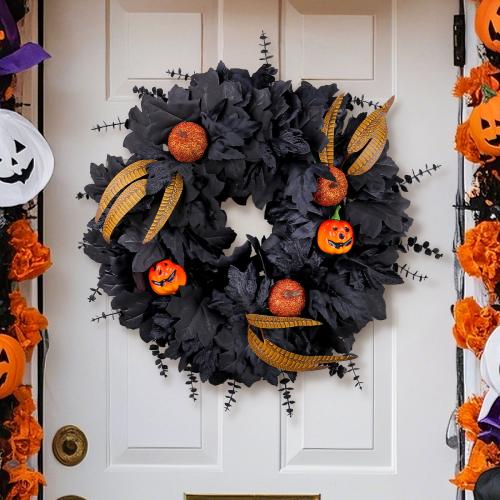 Amazon Halloween Black Maple Leaf Wreath Door Hanging Ghost Festival Party Simulation Pumpkin Vin…
