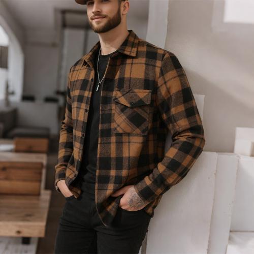 Men's Plaid Long-Sleeve Lapel Single-Pocket Brushed Plus-Size Shirt