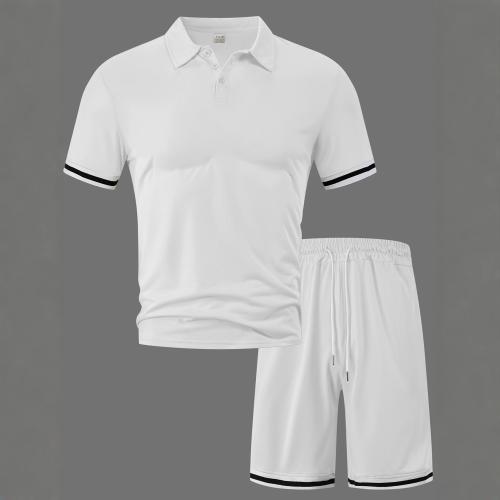 Men's Solid-Color Lapel Top And Drawstring Sports Shorts Two-Piece Set