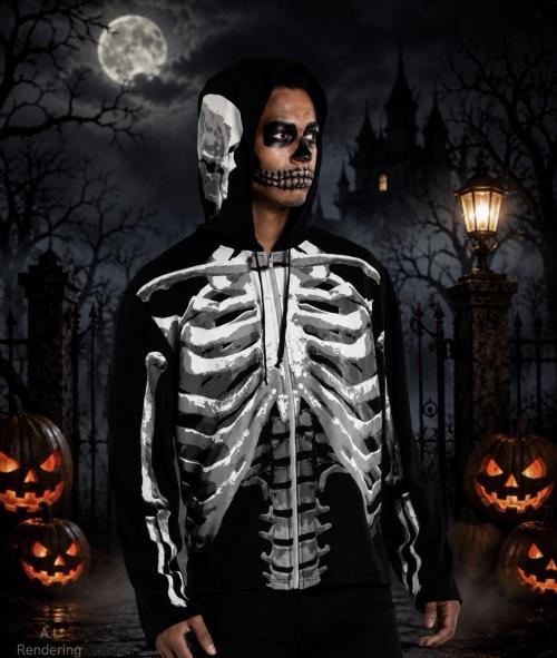 Adult Skeleton Hoodie Costume Black White Zip Up Skull Bones Halloween S/M New