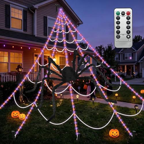 Halloween Decorations 250 LED Light up Spider Web Lights with Spider