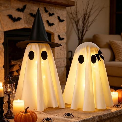Halloween Decorations Indoor,Set of 2 Light-Up Ghosts Decor with Witch Hats