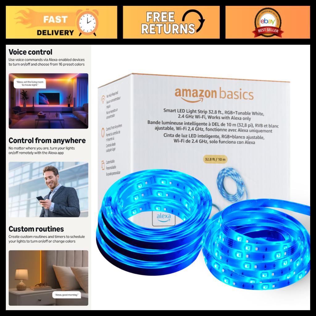 RGB Smart LED Light Strip 32.8ft - Color Changing, App & Voice Control, Wi-Fi