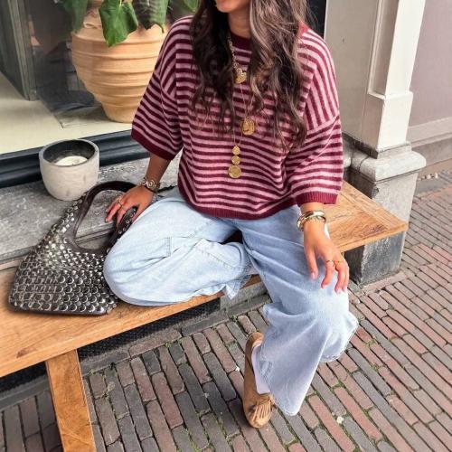 Women's Loose-fit Pullover Sweater With A Round Neck And Three-quarter Sleeves