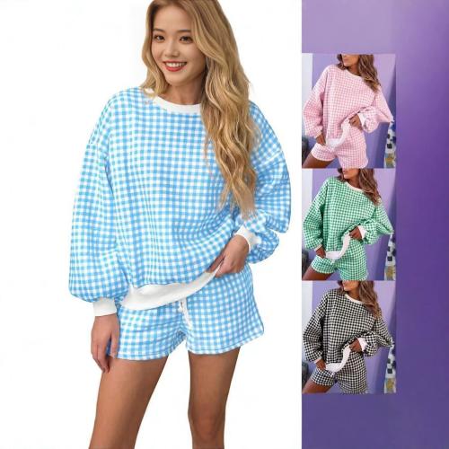 Women's Plaid Long-sleeve Shorts Two-piece Set